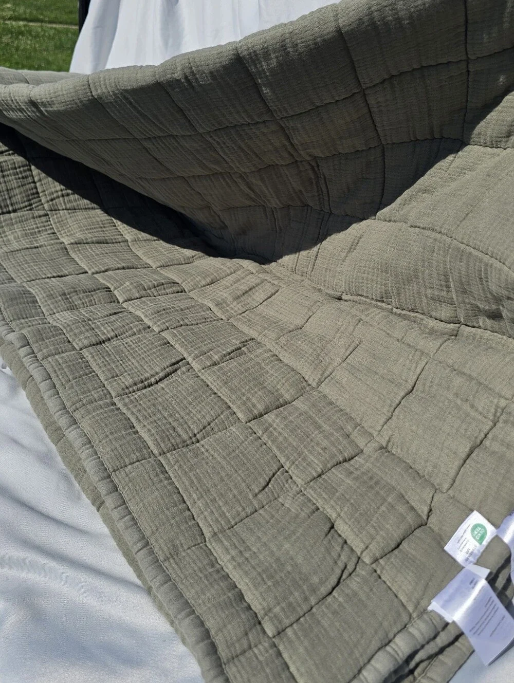 New! Quince Organic Luxury Airy Gauze Cotton Box Quilt Green Queen Olive Green